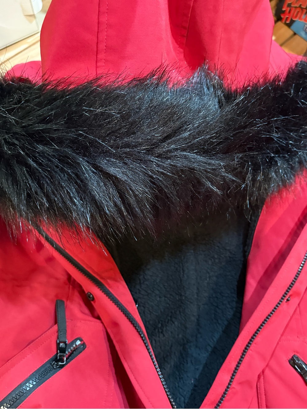 Calvin Klein Red Faux Fur Lined Parka Coat Women’s Size L - Picture 8 of 10